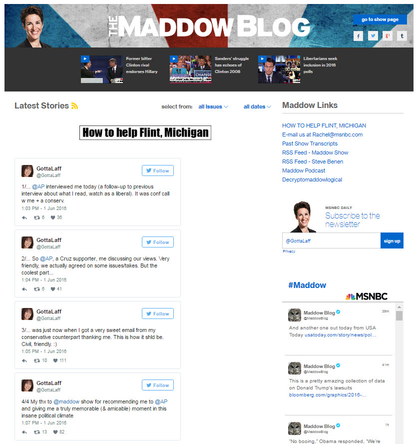MaddowBlog front page-- tweets about AP interview
